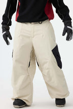 Men's Coffee Baggy Color-Blocked Ski Pants Cargo Pocket Snow Pants