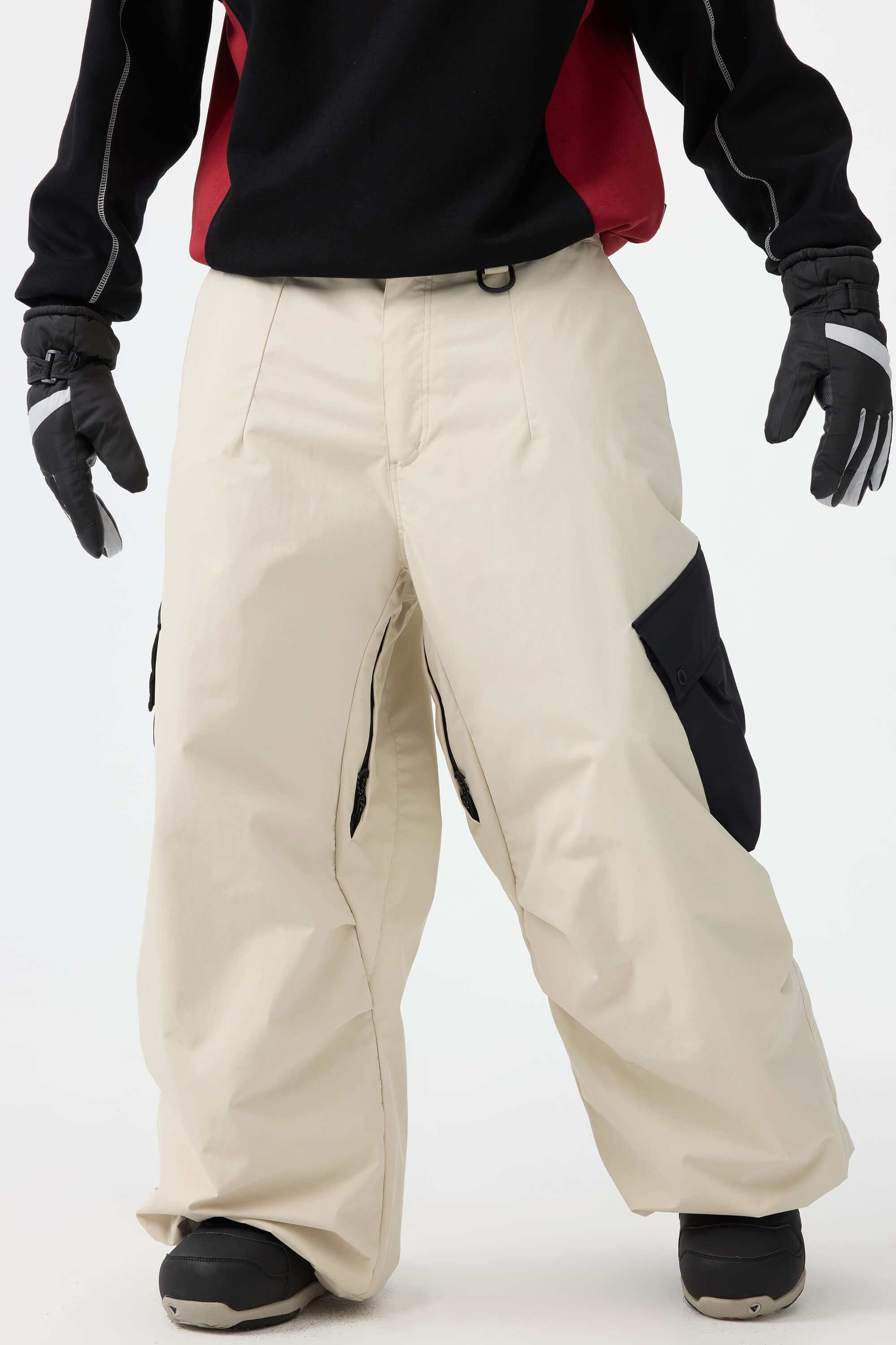 Men's Coffee Baggy Color-Blocked Ski Pants Cargo Pocket Snow Pants