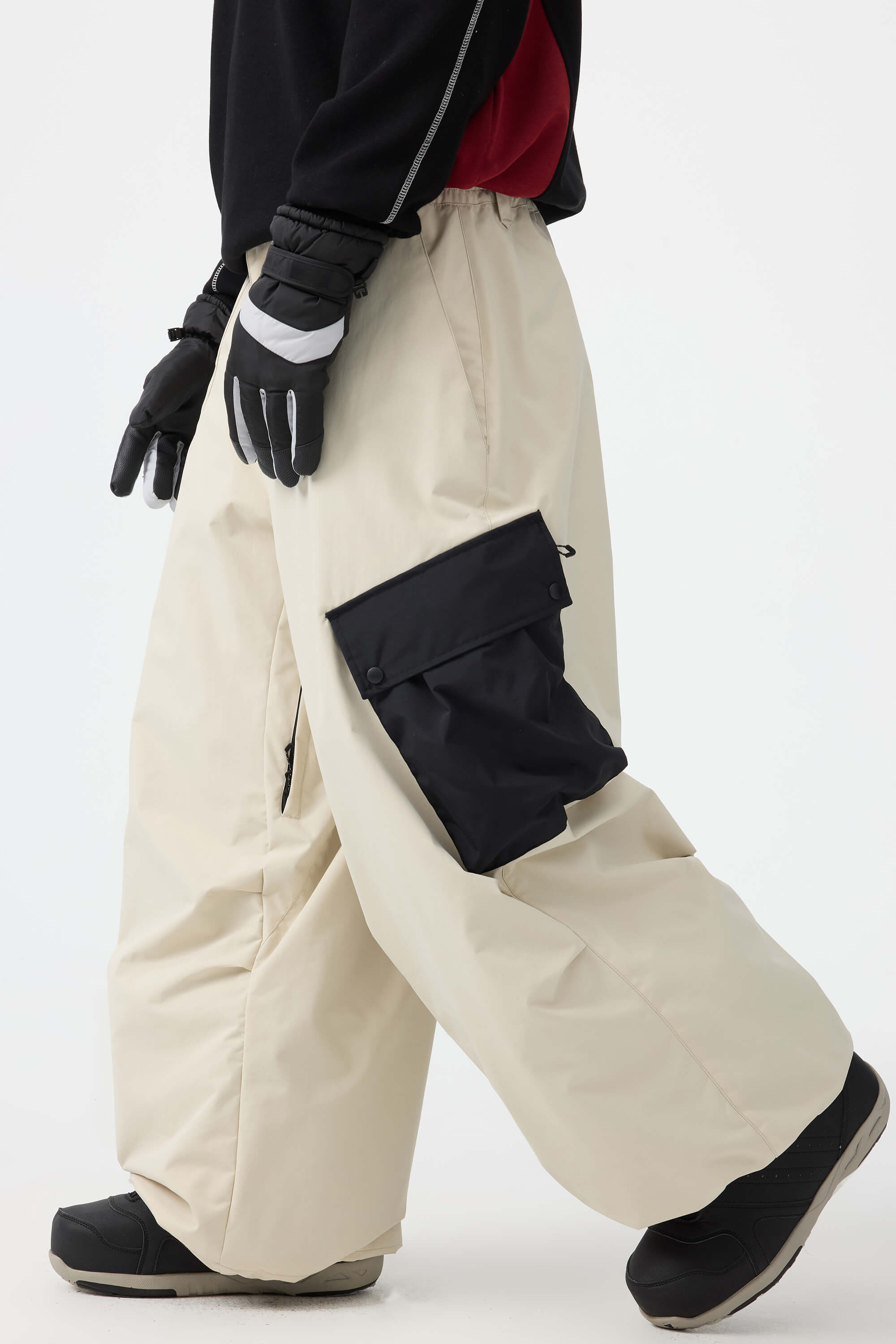 Men's Dark Gray Baggy Color-Blocked Ski Pants Cargo Pocket Snow Pants