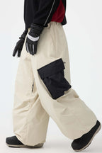 Men's Black Baggy Color-Blocked Snow Pants Cargo Pocket Ski Pants - Gsou Snow