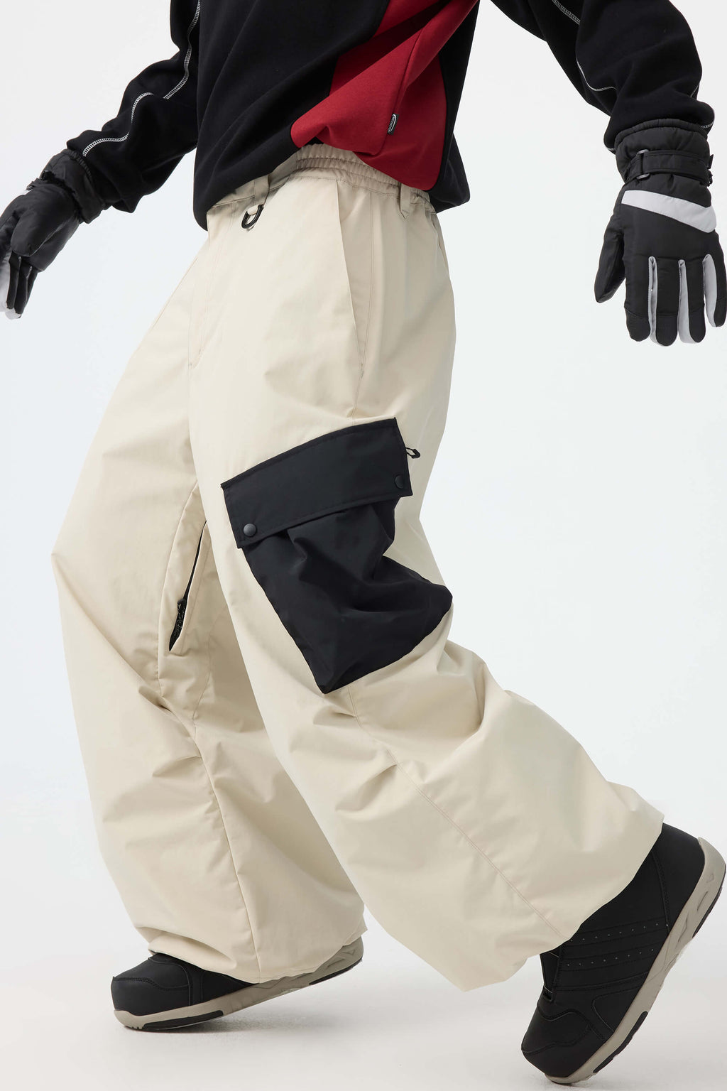 Men's Coffee Baggy Color-Blocked Ski Pants Cargo Pocket Snow Pants