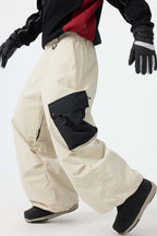 Men's Coffee Baggy Color-Blocked Ski Pants Cargo Pocket Snow Pants
