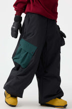 Women's Dark Gray Baggy Color-Blocked Ski Pants Cargo Pocket Snow Pants