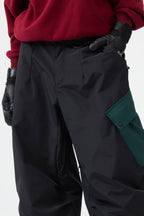 Women's Beige Baggy Color-Blocked Ski Pants Cargo Pocket Snow Pants