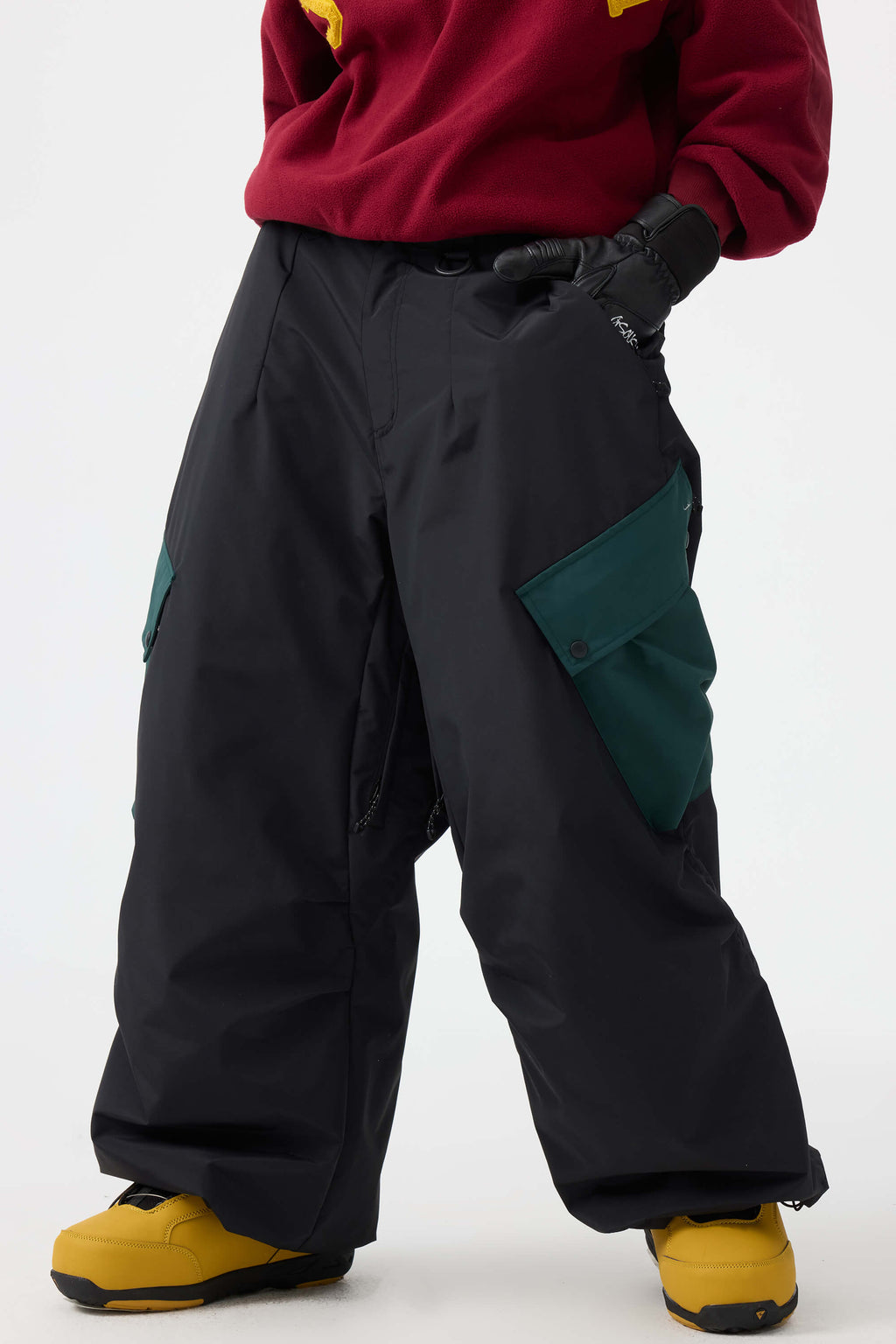 Women's Black Baggy Color-Blocked Ski Pants Cargo Pocket Snow Pants