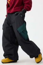 Women's Dark Gray Baggy Color-Blocked Ski Pants Cargo Pocket Snow Pants