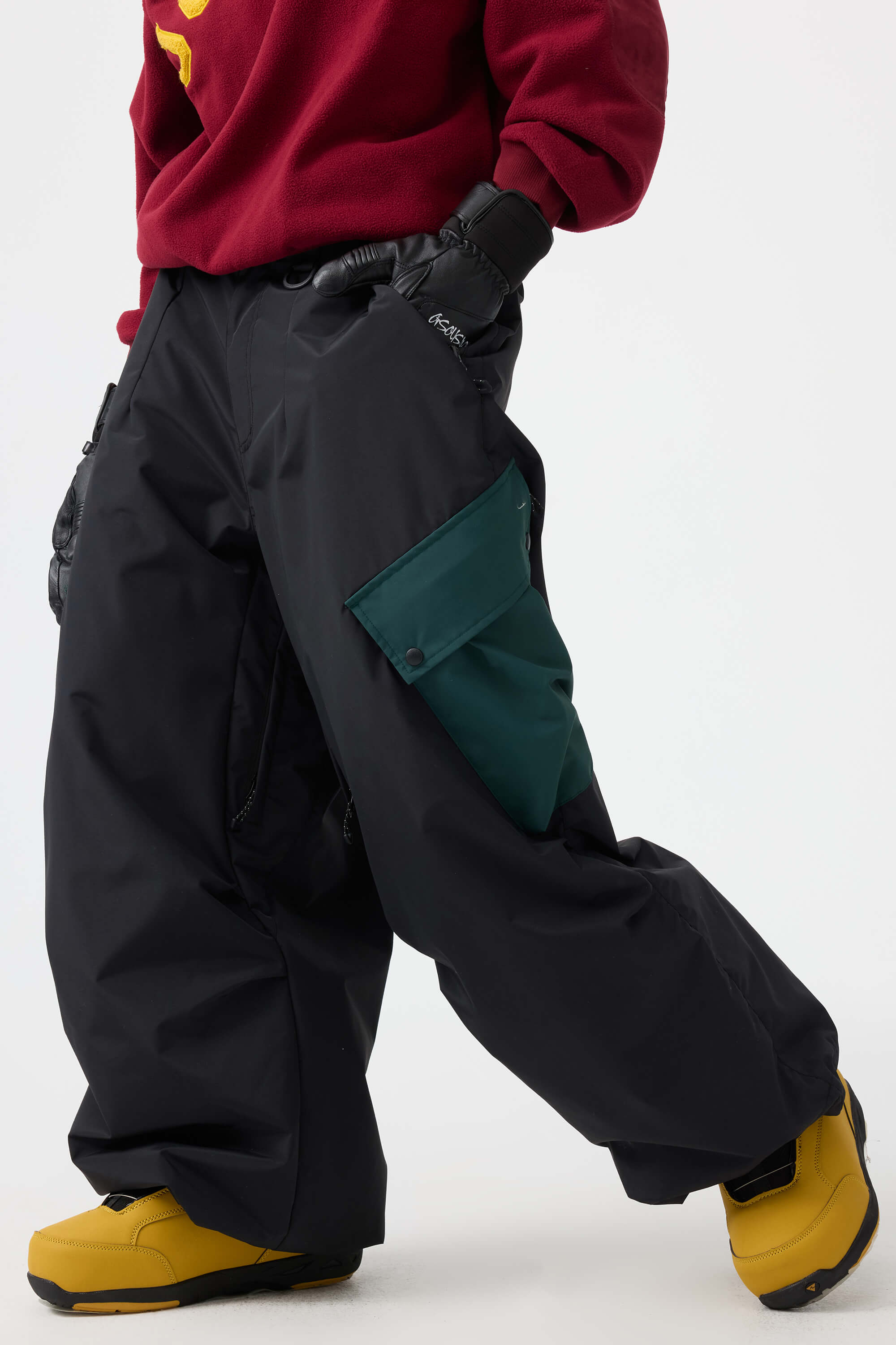 Women's Dark Gray Baggy Color-Blocked Ski Pants Cargo Pocket Snow Pants