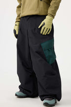 Men's Dark Gray Baggy Color-Blocked Ski Pants Cargo Pocket Snow Pants