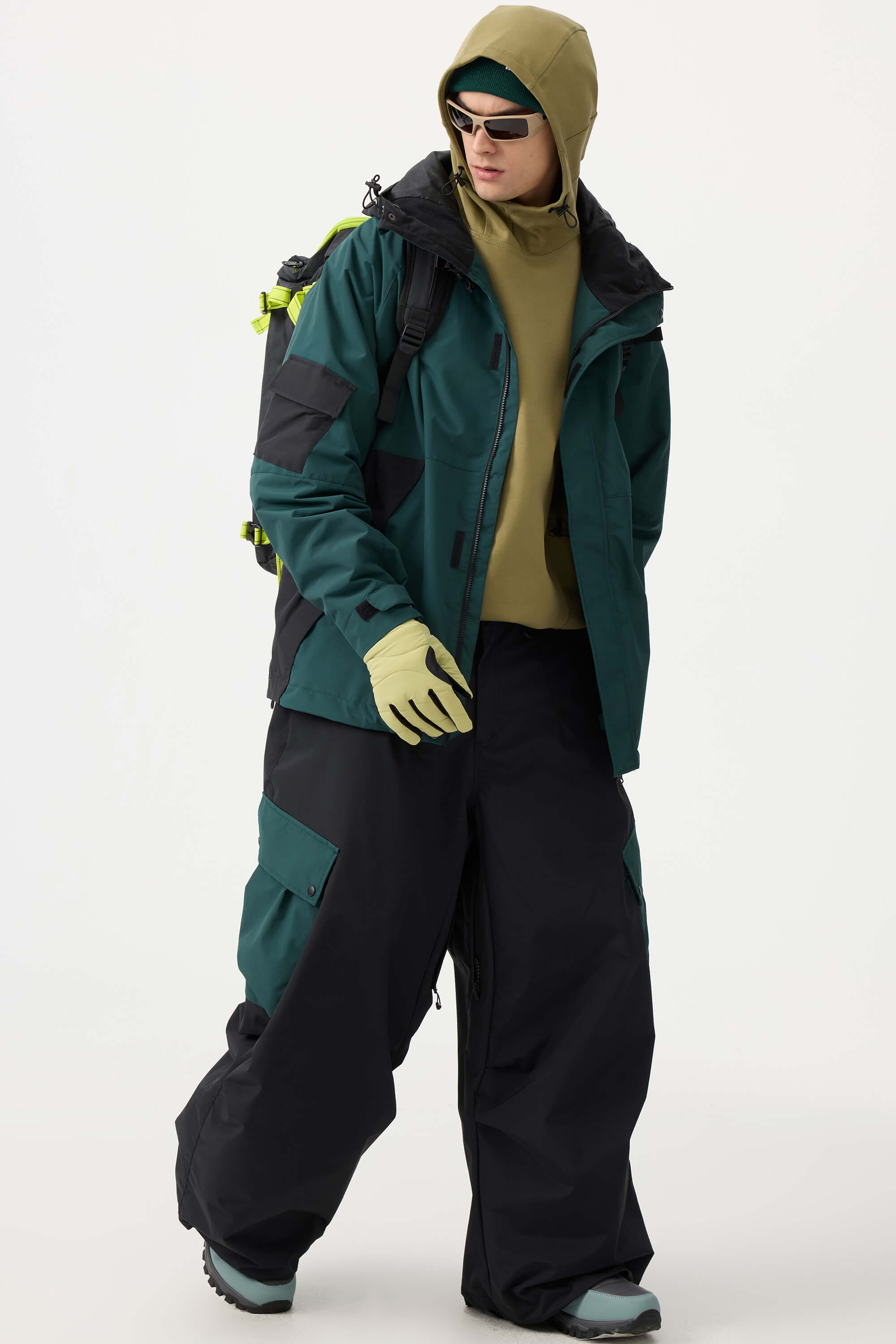 Men's Coffee Baggy Color-Blocked Ski Pants Cargo Pocket Snow Pants