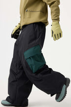 Men's Black Baggy Color-Blocked Snow Pants Cargo Pocket Ski Pants - Gsou Snow