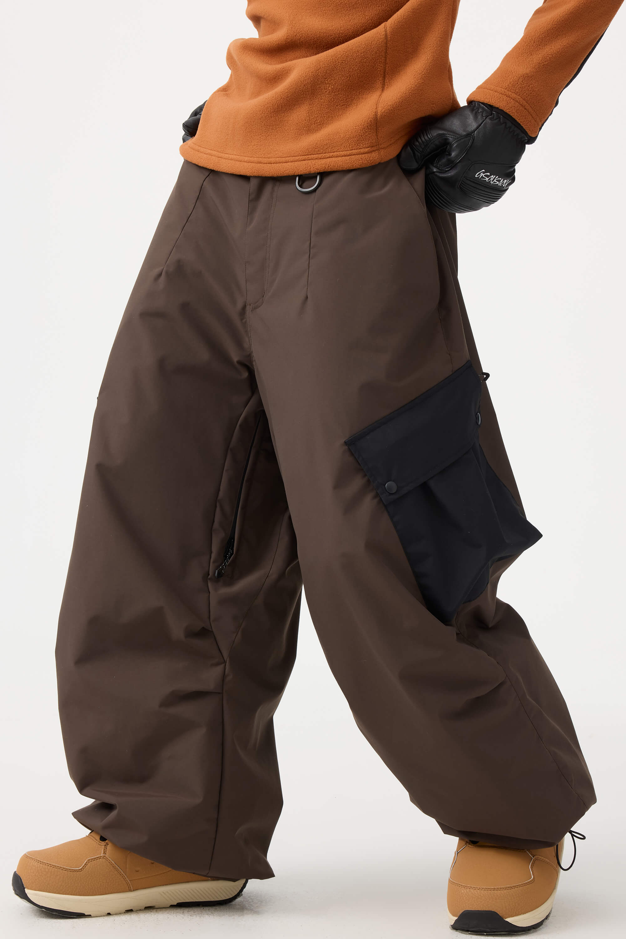 Women's Coffee Baggy Color-Blocked Ski Pants Cargo Pocket Snow Pants