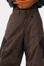 Women's Beige Baggy Color-Blocked Ski Pants Cargo Pocket Snow Pants