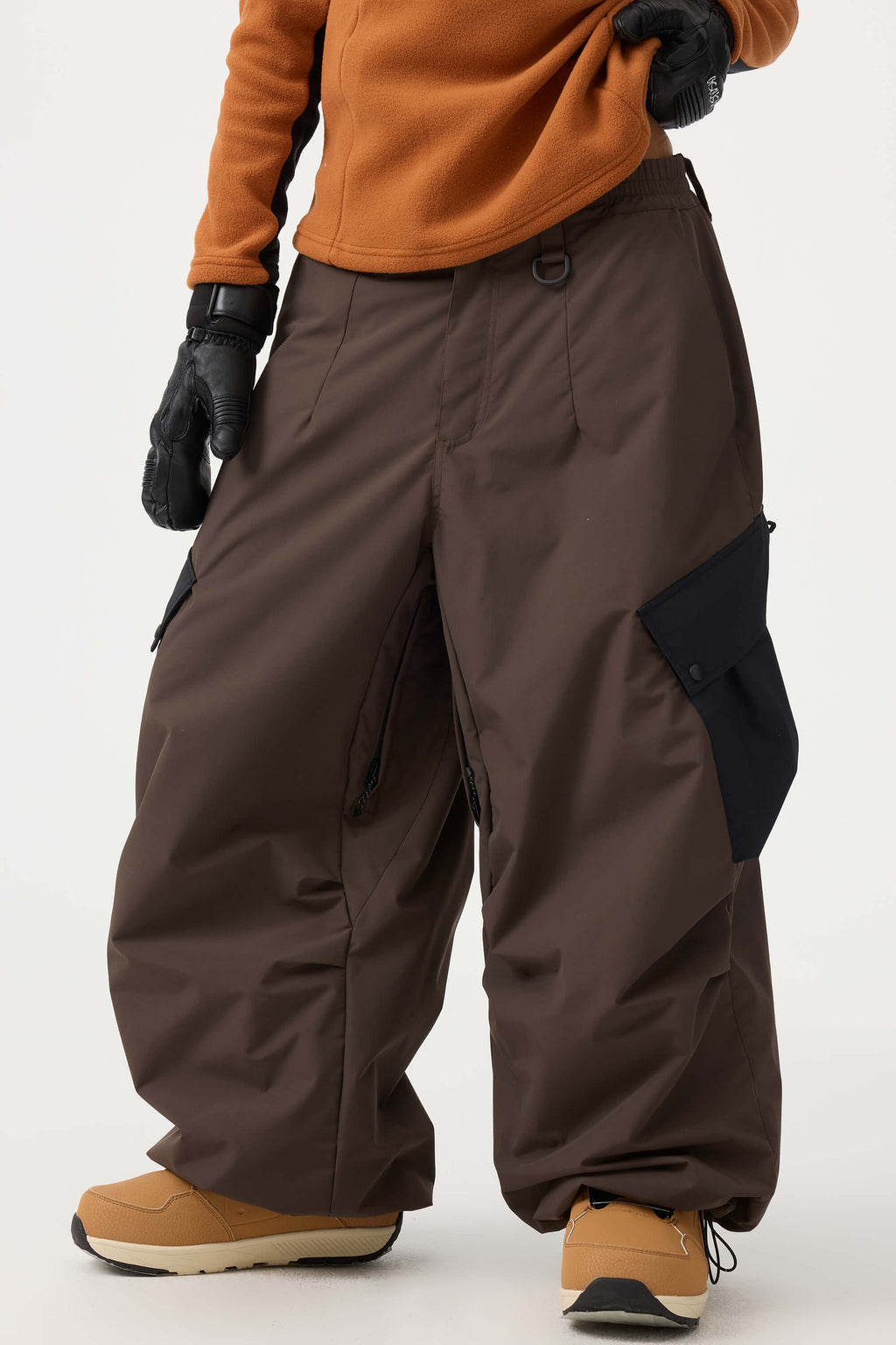 Women's Black Baggy Color-Blocked Ski Pants Cargo Pocket Snow Pants