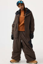 Women's Beige Baggy Color-Blocked Ski Pants Cargo Pocket Snow Pants