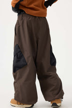 Women's Black Baggy Color-Blocked Ski Pants Cargo Pocket Snow Pants