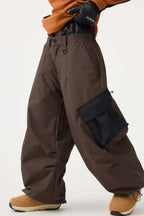 Women's Black Baggy Color-Blocked Ski Pants Cargo Pocket Snow Pants
