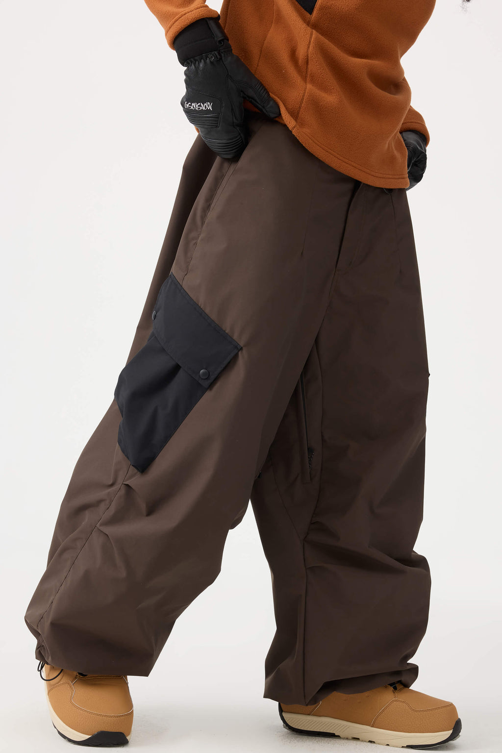 Women's Black Baggy Color-Blocked Ski Pants Cargo Pocket Snow Pants