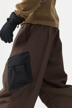 Men's Coffee Baggy Color-Blocked Ski Pants Cargo Pocket Snow Pants