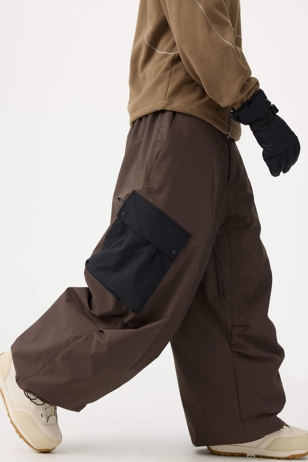 Men's Black Baggy Color-Blocked Ski Pants Cargo Pocket Snow Pants