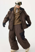 Men's Dark Gray Baggy Color-Blocked Snow Pants Cargo Pocket Ski Pants - Gsou Snow