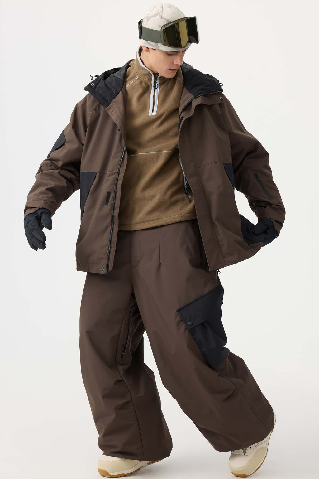 Men's Beige Baggy Color-Blocked Ski Pants Cargo Pocket Snow Pants