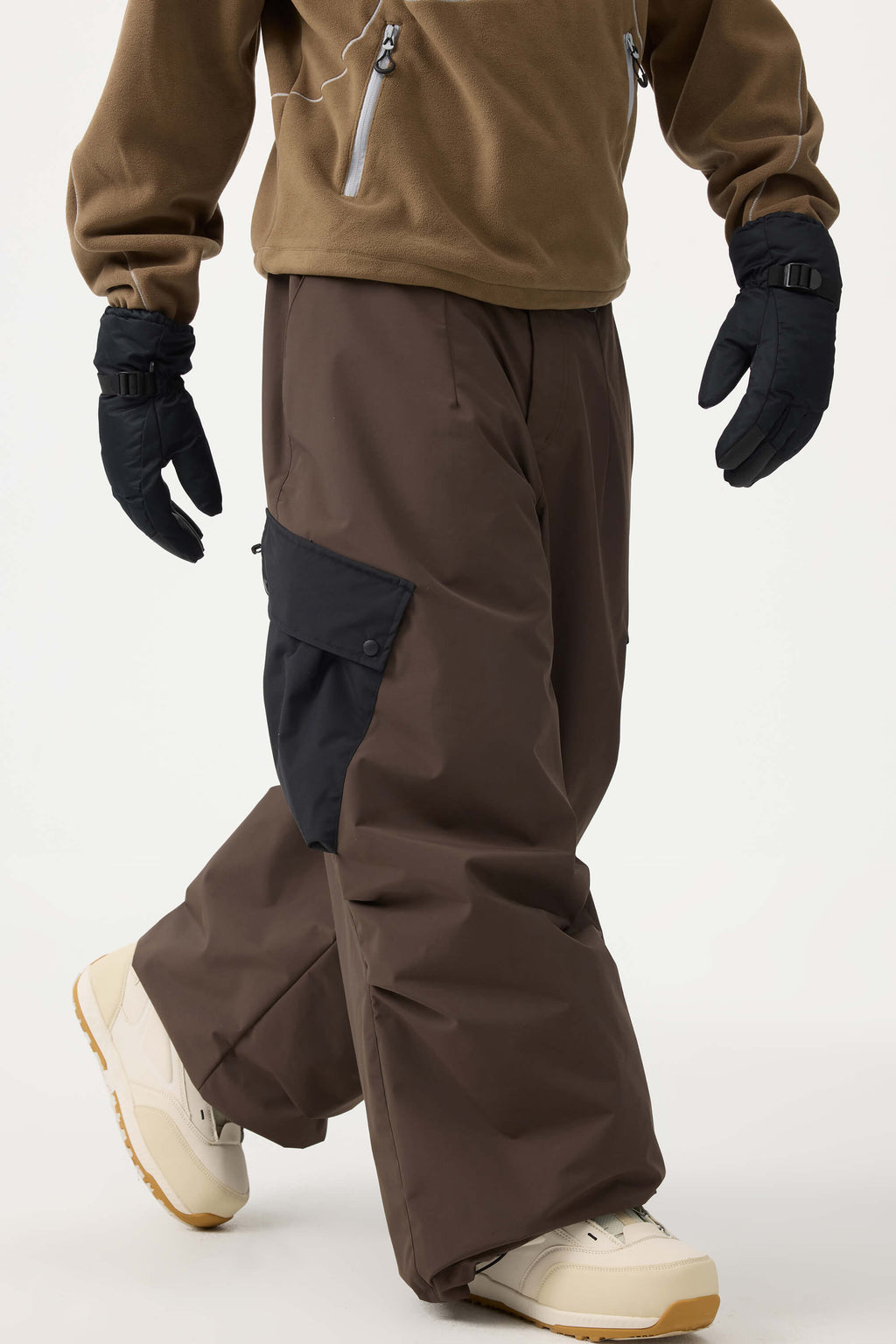 Men's Beige Baggy Color-Blocked Ski Pants Cargo Pocket Snow Pants