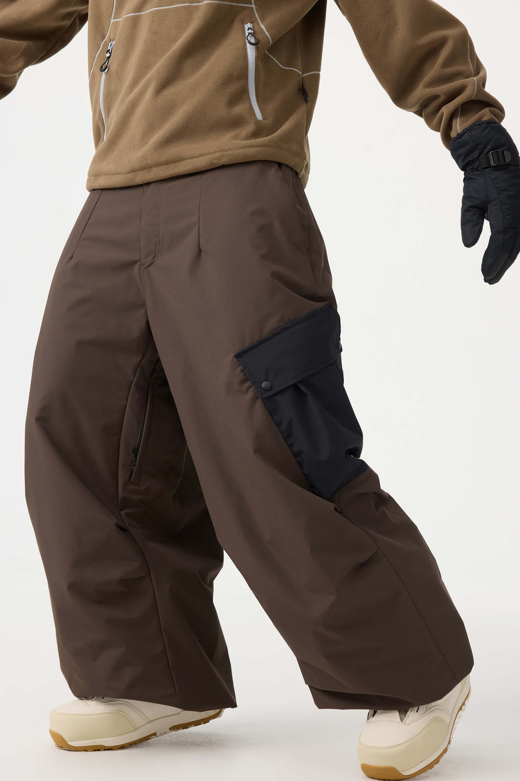 Men's Beige Baggy Color-Blocked Ski Pants Cargo Pocket Snow Pants