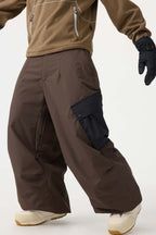 Men's Coffee Baggy Color-Blocked Ski Pants Cargo Pocket Snow Pants