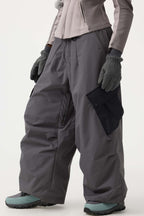 Women's Dark Gray Baggy Color-Blocked Ski Pants Cargo Pocket Snow Pants