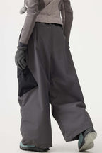Women's Beige Baggy Color-Blocked Ski Pants Cargo Pocket Snow Pants
