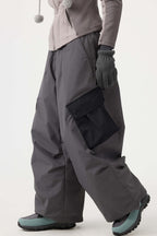 Women's Beige Baggy Color-Blocked Snow Pants Cargo Pocket Ski Pants - Gsou Snow