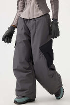 Women's Black Baggy Color-Blocked Ski Pants Cargo Pocket Snow Pants