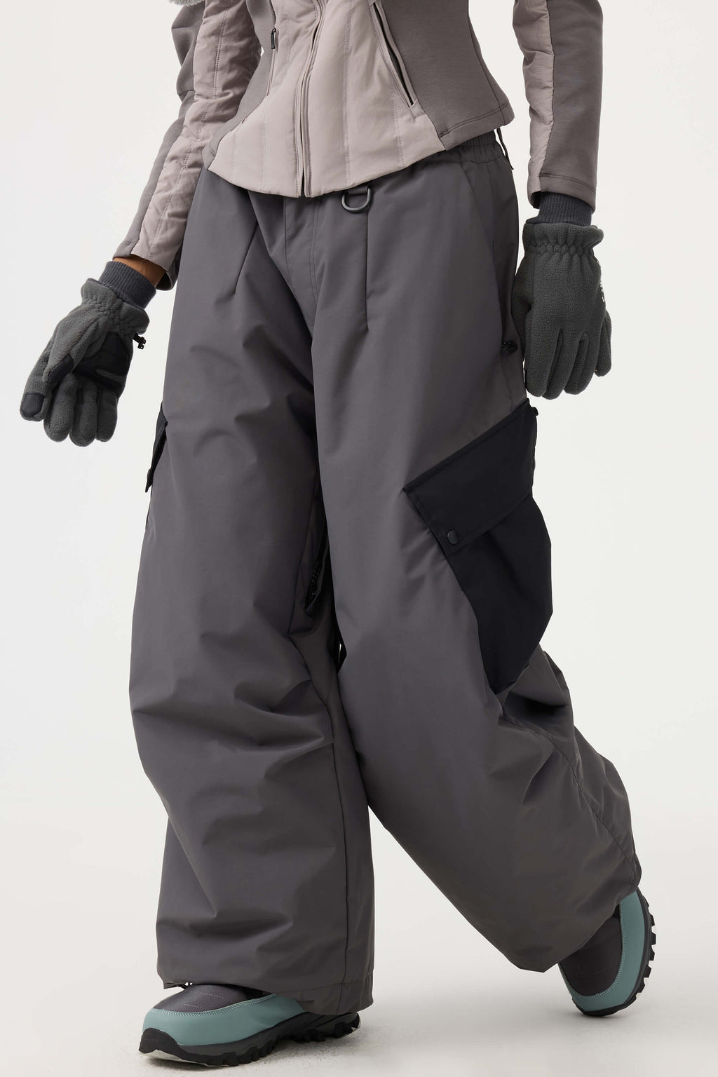 Women's Dark Gray Baggy Color-Blocked Ski Pants Cargo Pocket Snow Pants
