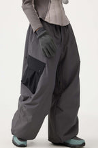 Women's Dark Gray Baggy Color-Blocked Ski Pants Cargo Pocket Snow Pants