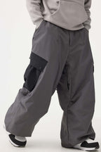 Men's Coffee Baggy Color-Blocked Snow Pants Cargo Pocket Ski Pants - Gsou Snow
