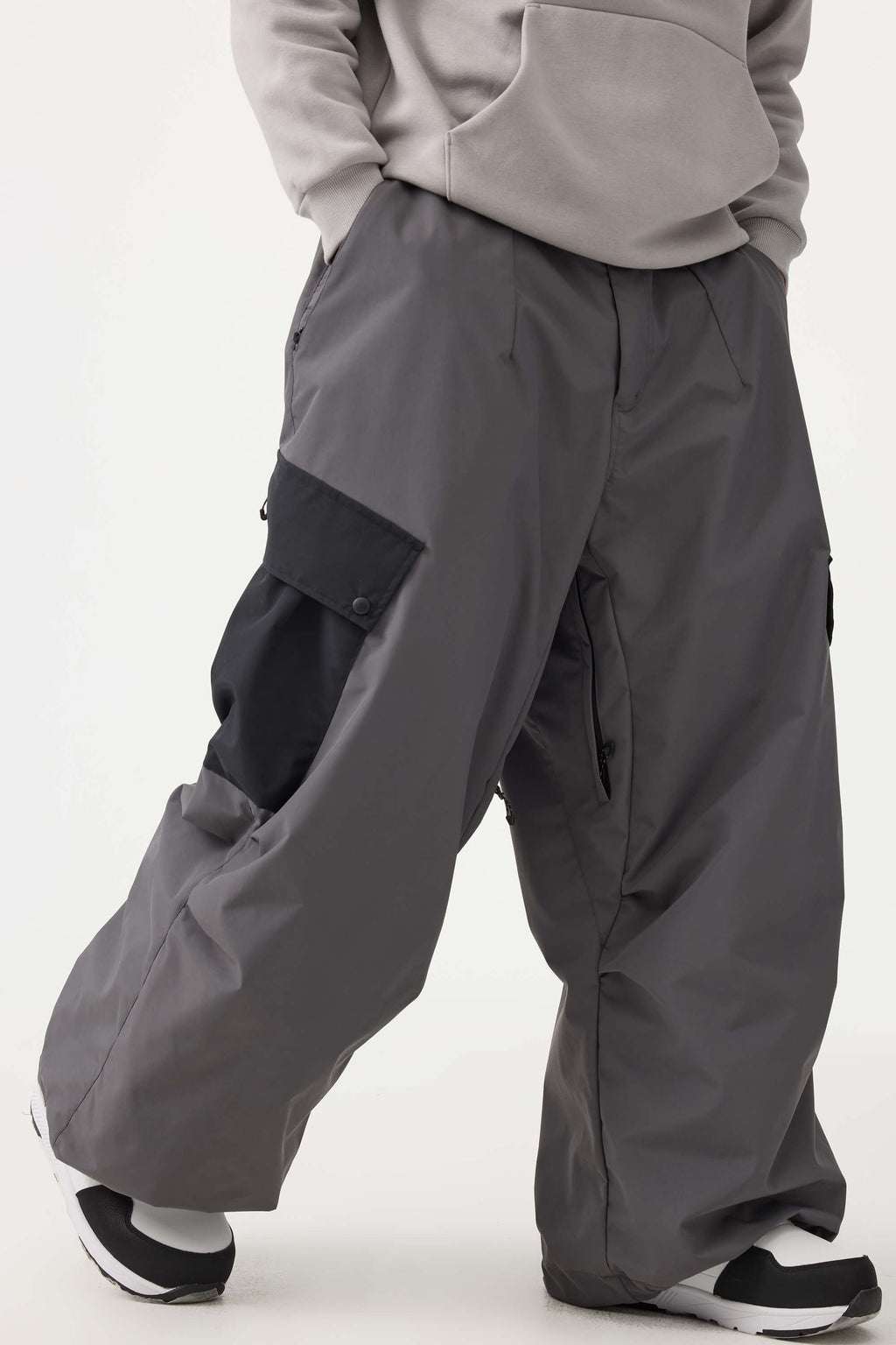 Men's Black Baggy Color-Blocked Ski Pants Cargo Pocket Snow Pants