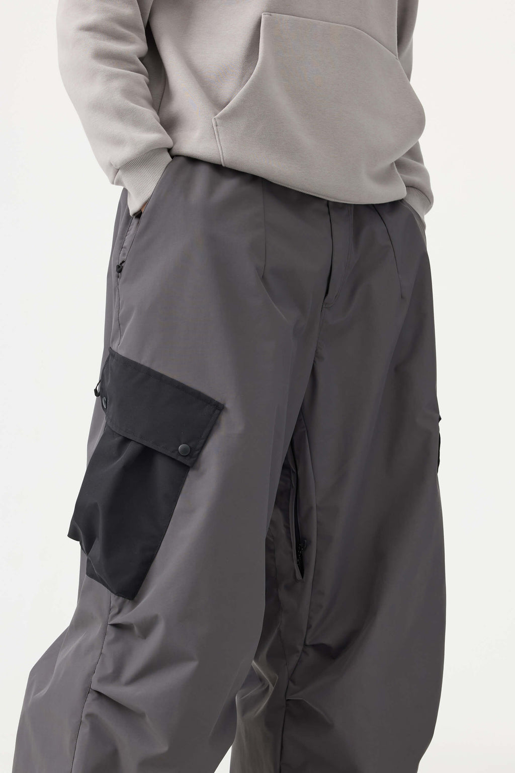 Men's Beige Baggy Color-Blocked Snow Pants Cargo Pocket Ski Pants - Gsou Snow