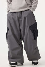 Men's Black Baggy Color-Blocked Ski Pants Cargo Pocket Snow Pants
