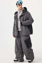 Men's Coffee Baggy Color-Blocked Snow Pants Cargo Pocket Ski Pants - Gsou Snow