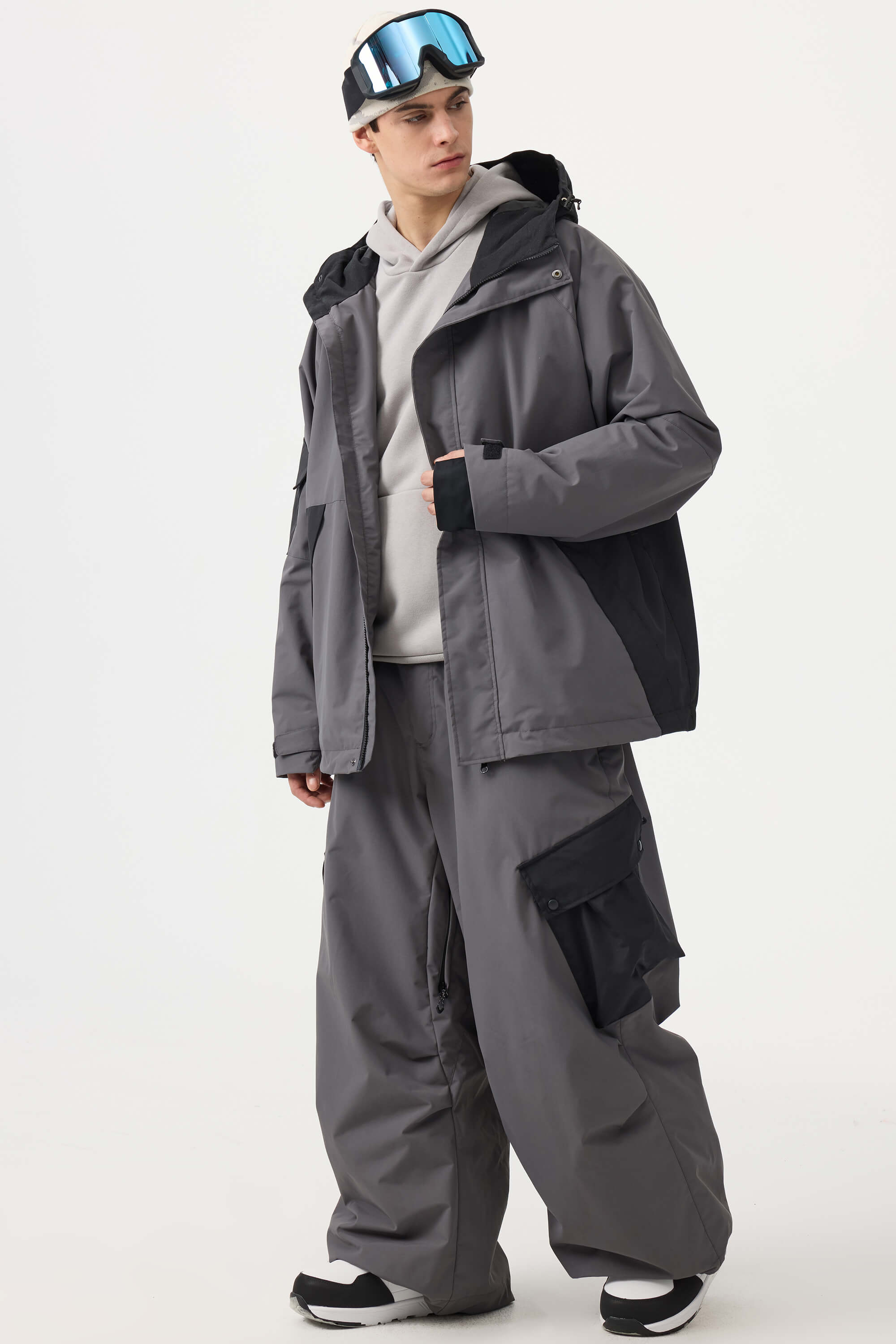 Men's Coffee Baggy Color-Blocked Snow Pants Cargo Pocket Ski Pants - Gsou Snow