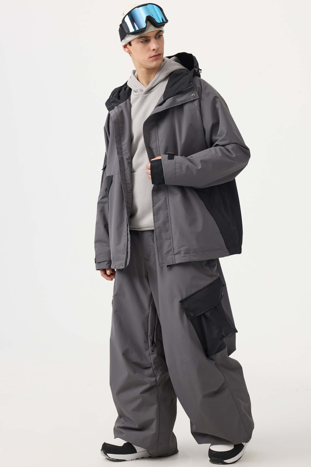 Men's Dark Gray Baggy Color-Blocked Ski Pants Cargo Pocket Snow Pants