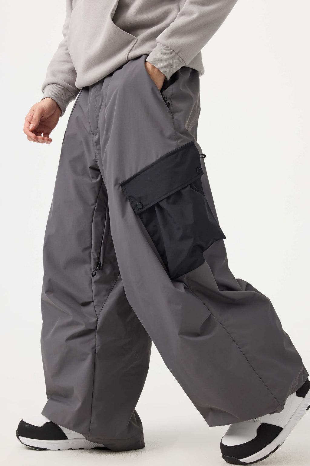 Men's Black Baggy Color-Blocked Ski Pants Cargo Pocket Snow Pants