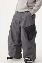 Men's Black Baggy Color-Blocked Ski Pants Cargo Pocket Snow Pants