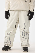 Women's Off White Reflective Flame Baggy Snow Pants Utility Ski Pants - Gsou Snow