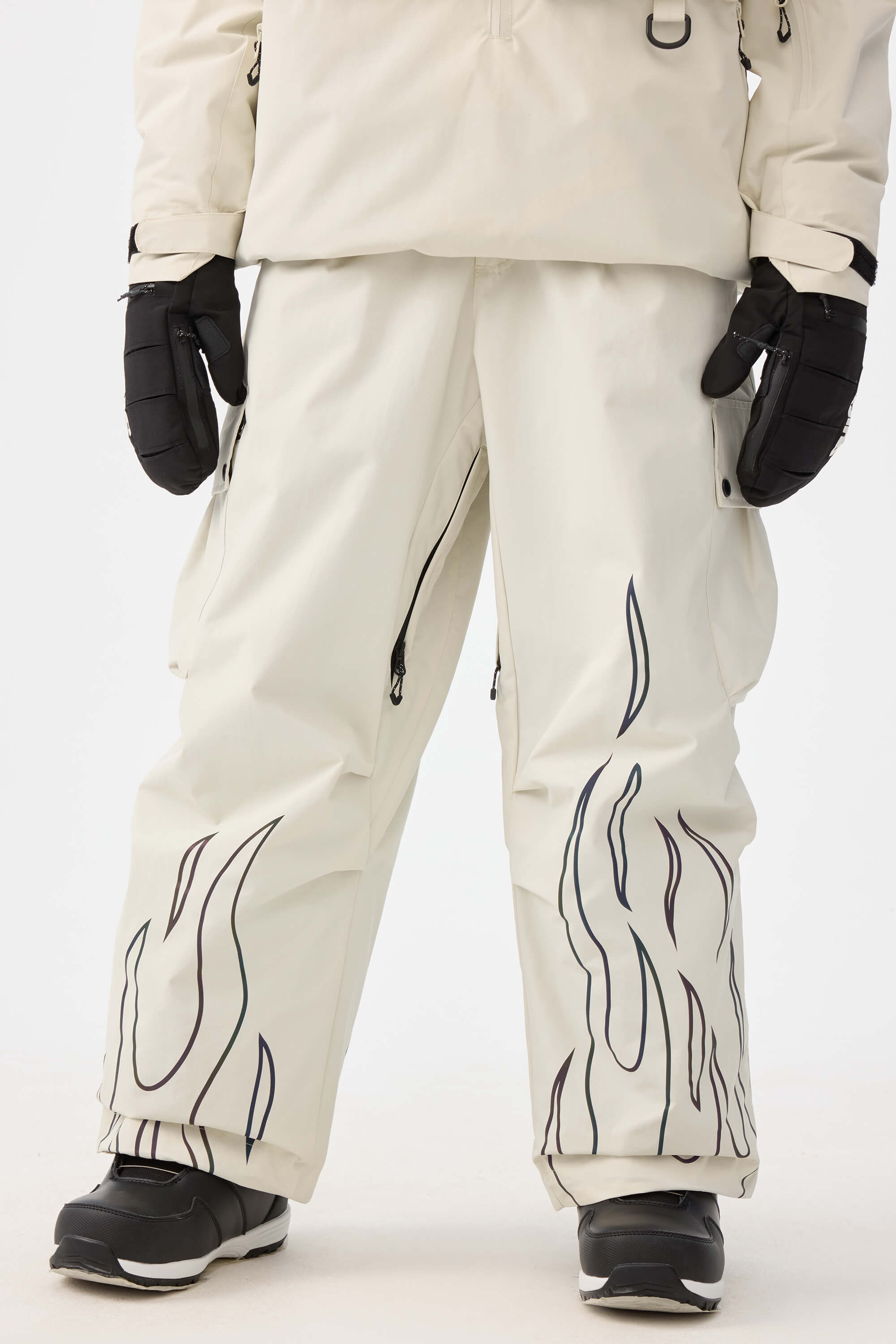 Women's Off White Reflective Flame Baggy Snow Pants Utility Ski Pants - Gsou Snow