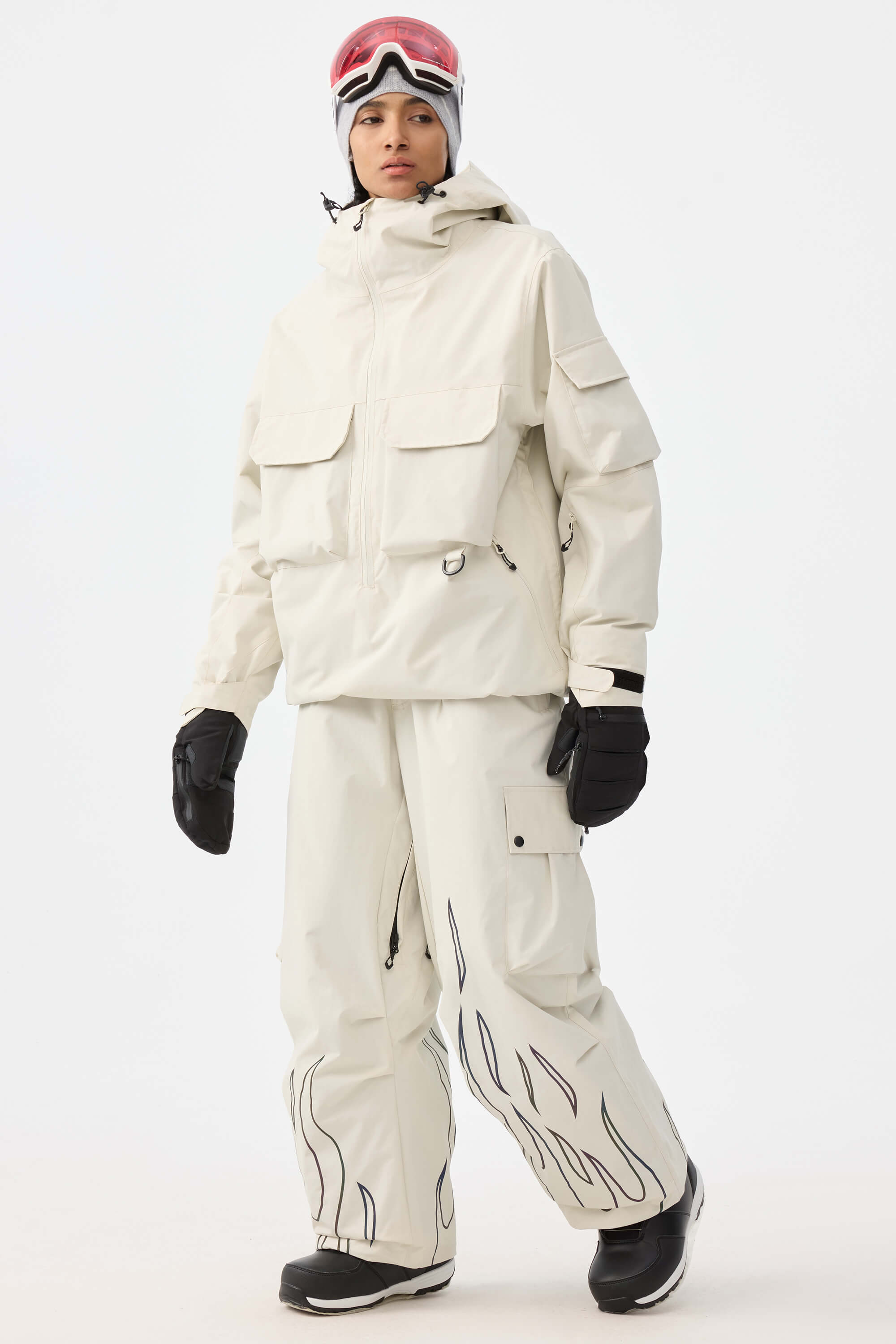 Women's Coffee Reflective Flame Ski Pants Baggy Utility Snow Pants