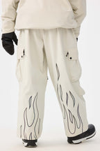 Women's Off White Reflective Flame Baggy Snow Pants Utility Ski Pants - Gsou Snow