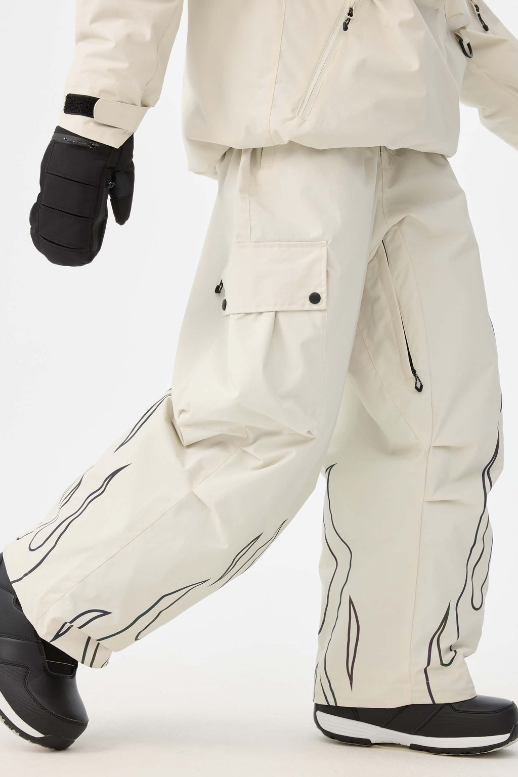 Women's Off White Reflective Flame Baggy Snow Pants Utility Ski Pants - Gsou Snow