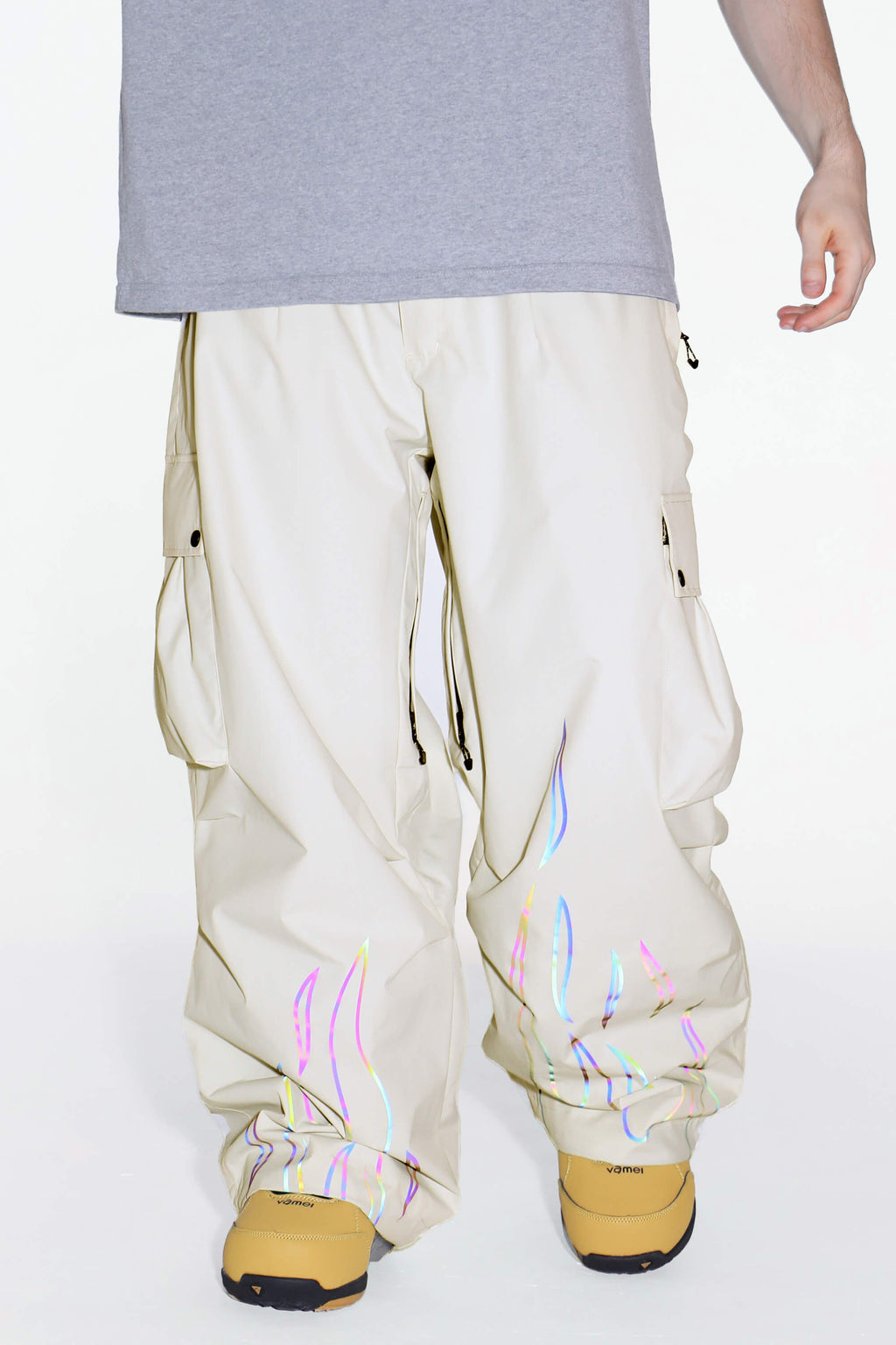 Women's Black Reflective Flame Ski Pants Baggy Utility Snow Pants