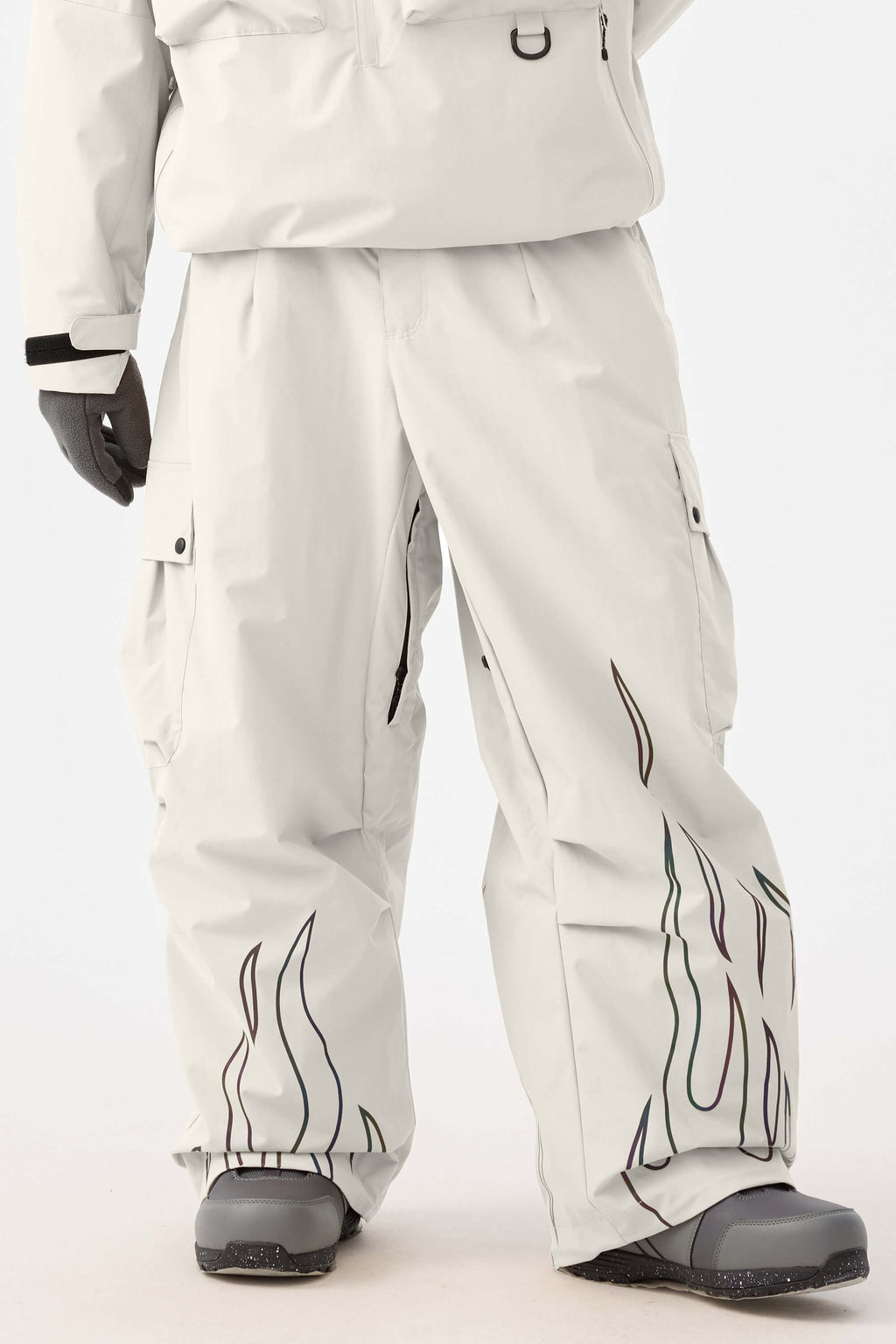 Men's Off White Reflective Flame Ski Pants Baggy Utility Snow Pants